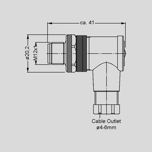 BIN99-0429-24-04 M12  Male Angled Cable Connector 4-Pole Screw BIN99-0429-2404, -0437-2405<br>Dimensions