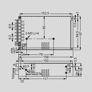 HRP-150-5 SPS Case 130W PFC 5V/26A Dimensions and Terminal Pin Assignment