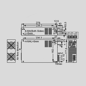 RSP-3000-12 SPS Case 2400W 12V/200A Dimensions and Terminal Pin Assignment