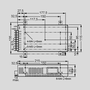 SPV-150-24 SPS Case 150W 24V/6,25A Dimensions and Terminal Pin Assignment