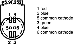 LF-5WAEMBGMBW Lysdiode 5 mm, 3-farvet (6 ben) rød/grøn/blå, RGB + MULTICOLOR CC