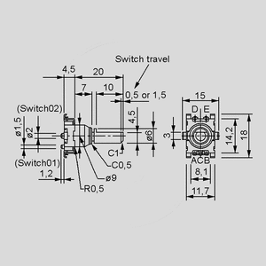 EC11J1524401 Encoder 15 pulse SMD with Switch 0,5mm. EC11J1524401<br>Dimensions