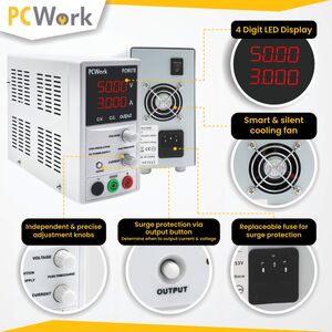 PCW07B Laboratoriestrømforsyning 0-50V DC, 0-3A