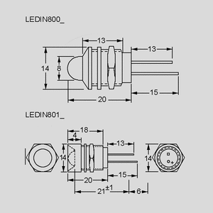 LEDIN801CH LED Holder Nickel Countersunk 8mm Dimensions