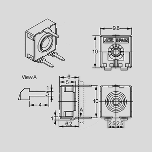 CA9MVK025 Trimmer Top Adjust P5/10 25K 6-Edge Dimensions