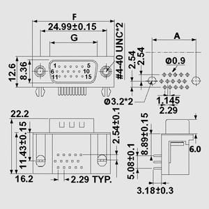 HDSL44WSI HD D-Sub-Plug 44-Pole Solder Pin Dimensions