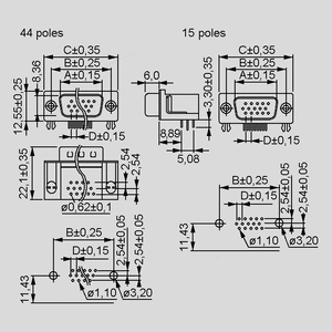 HDSL44WSI HD D-Sub-Plug 44-Pole Solder Pin Dimensions