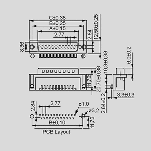 SL25EU D-Sub-Plug 25-Pole Solder Pin FP10.3 Dimensions