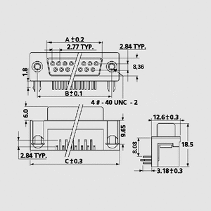 SL09WSI D-Sub Plug 9-Pole Solder Pin FP8,08 Dimensions