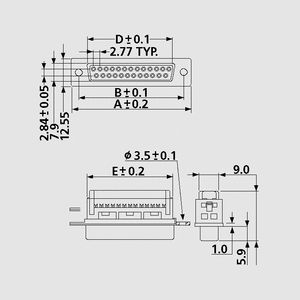 LPBL15RZ D-SUB-Socket - 15 pol hun til fladkabel Dimensions