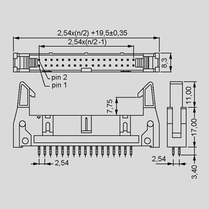 SCL16 Box Header Straight 16-Pole+Clip Dimensions
