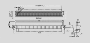 RF96RW Female A+B+C Pitch2,54 96-Pole Dimensions