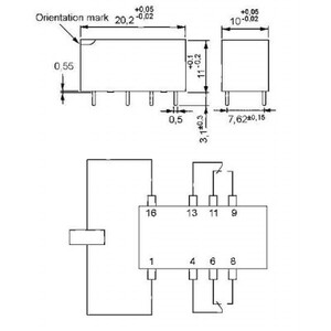 D2N12-960 Axicom Relæ12V/150mW/960R/DPDT/2xSkifte/2A-250VAC Circuit Diagram