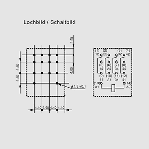 PT570012 PT-Relæ 4xU 6A 12VDC 192R PT570-_ Lochbild und Schaltbild