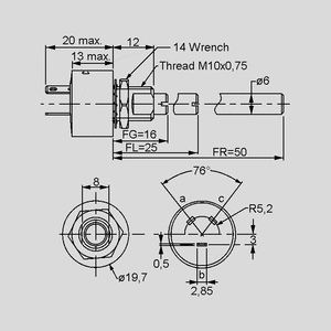 PE30K047 Cermet Potentiometer 3W 47K Dimensions