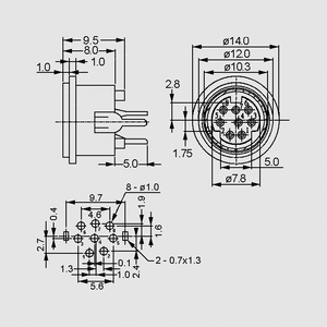 MDA8TP Mini-DIN Panel Sockets 180° 8-Pole Dimensions
