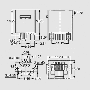 MOD8VGT Modular-Jack Print 180° 8/8-Pole fuld afskærmet MOD8VGT