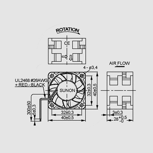 PMD1204PQB2A Fan 12V 40x28 B 26m&sup3;/h 41dBA 2,6W Dimensions