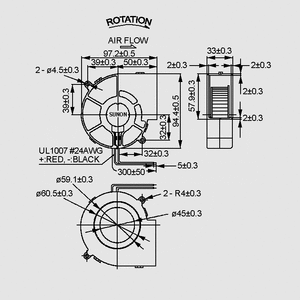 PMB1297PYB2A Radial ventilator 12V 97x94x33mm 45,2m³/h 53dBA Dimensions